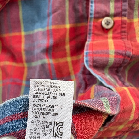American Apparel Button Down Long Sleeve Red & Blue Plaid Cotton Unisex Shirt - Picture 6 of 7